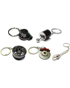 GT//Rotors Five Piece Auto Parts Metal Key Chain Set - Spinning Turbo Keychain, Six Speed Manual Gearbox Keychain, Wheel Tire Rim Keychain, Red Brake Rotor Keychain, Silver Wrench Keychain