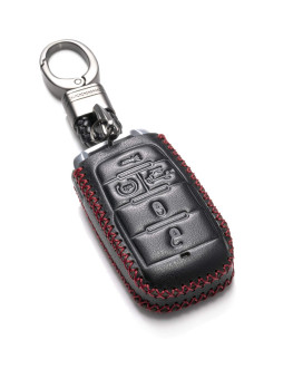 Vitodeco Genuine Leather Smart Key Fob Case Cover Protector Compatible with RAM 1500, RAM 2500, RAM 3500 2019 - 2024 (5-Button with Tailgate, Black/Red)