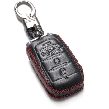 Vitodeco Genuine Leather Smart Key Fob Case Cover Protector Compatible with RAM 1500, RAM 2500, RAM 3500 2019 - 2024 (5-Button with Tailgate, Black/Red)