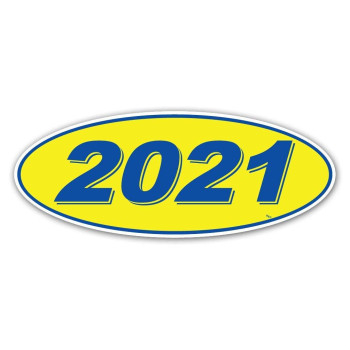 Oval Model Year Window Stickers - 2021 - Blue and Yellow (12 Per Pack)