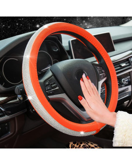 New Diamond Leather Steering Wheel Cover with Bling Bling Crystal Rhinestones, Universal Fit 15 Inch Car Wheel Protector for Women Girls Orange