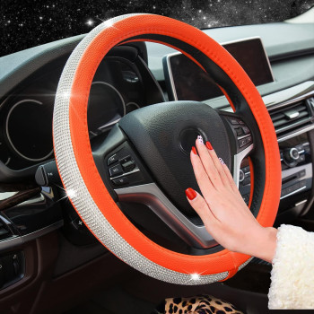 New Diamond Leather Steering Wheel Cover with Bling Bling Crystal Rhinestones, Universal Fit 15 Inch Car Wheel Protector for Women Girls Orange