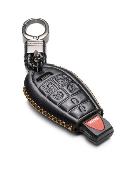 Vitodeco Genuine Leather Smart Key Fob Case Cover Protector with Leather Key Chain Compatible for 2008 - 2020 Dodge Grand Caravan (7-Button, Black)