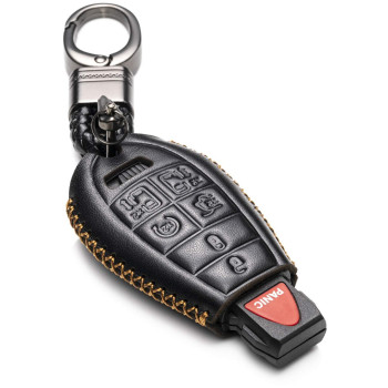 Vitodeco Genuine Leather Smart Key Fob Case Cover Protector with Leather Key Chain Compatible for 2008 - 2020 Dodge Grand Caravan (7-Button, Black)