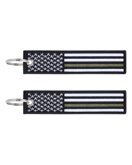 Great 1 Thin Green Line American Flag Keychain Tag with Key Ring & Carabiner 2-Pack - Military, Park Ranger, Border Patrol