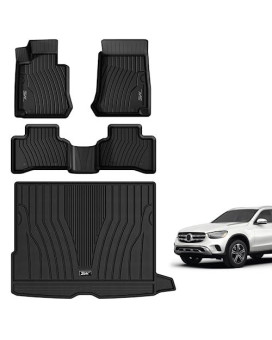 3W Floor Mats and Cargo Liner Compatible for Benz GLC Floor and Trunk 2016-2022, TPE All Weather Custom Fit Floor Liner and Cargo Mats 1st and2nd Rows Car Mats and Trunk Liner Black