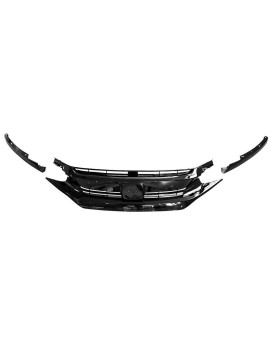 Grille Compatible With 2016-2021 Honda Civic, Factory Style Gloss Black Front Bumper Grille Hood + Eye Lid 3PC ABS by IKON MOTORSPORTS