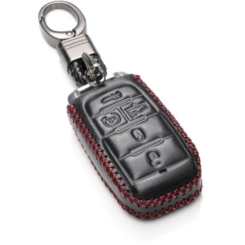 Vitodeco Genuine Leather Smart Key Fob Case Cover Protector Compatible with RAM 1500, RAM 2500, RAM 3500 2019 - 2024 (5-Button with Suspension, Black/Red)