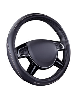 Car Pass Color Piping Microfiber Leather Universal Fit Steering Wheel Cover,Perfectly fit for 14.5-15 inches Suvs,Vans,Trucks,Sedans,Cars,Automotive(Black & Gray or Grey)