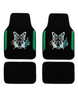 CAR PASS Embroidery Butterfly Car Floor Mats, Green Carpet Floor mats with Heel Pad, Universal Fit for Suvs,Sedans,Trucks,Cars, Set of 4 (Black and Green)