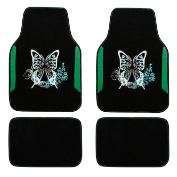 CAR PASS Embroidery Butterfly Car Floor Mats, Green Carpet Floor mats with Heel Pad, Universal Fit for Suvs,Sedans,Trucks,Cars, Set of 4 (Black and Green)