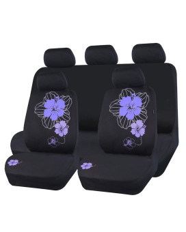 CAR PASS Universal Hibiscus Flower Car Seat Covers, Cute Purple Flower Seat Covers Full Set with Airbag Compatible Fit Sedans,Cars,Vans,Suitable for Women & Girly (Black and Purple)