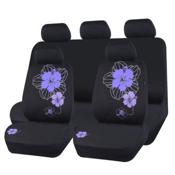 CAR PASS Universal Hibiscus Flower Car Seat Covers, Cute Purple Flower Seat Covers Full Set with Airbag Compatible Fit Sedans,Cars,Vans,Suitable for Women & Girly (Black and Purple)