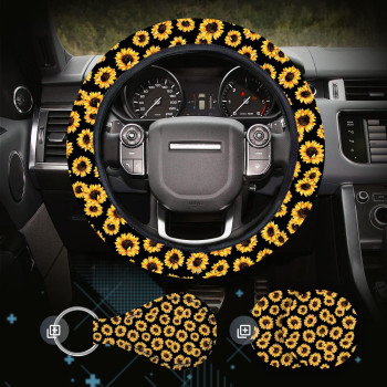 Sunflower Steering Wheel Cover Dreams Car Set: Women's Delightful Yellow Accessories with Cute Stuff Featuring Wheel Cover, Adorable Keychain,2 Car Cup Holder for a Cute and Vibrant Driving Experience