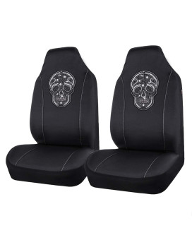 CAR PASS Skull Design Universal Fit Two Front Seat Covers, Gaberdine Fabric Cloth Front Seats Only Skeleton Punkl, Universal Fit for SUVs,Vans,Coupe,Trucks (2 Piece Black White)