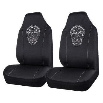 CAR PASS Skull Design Universal Fit Two Front Seat Covers, Gaberdine Fabric Cloth Front Seats Only Skeleton Punkl, Universal Fit for SUVs,Vans,Coupe,Trucks (2 Piece Black White)