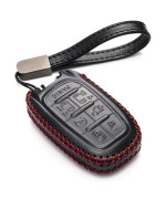 Vitodeco Genuine Leather Smart Key Fob Case Cover Protector with Leather Key Clap Compatible for Chrysler Pacifica 2017-2023 (7-Button, Black/Red)