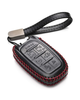 Vitodeco Genuine Leather Smart Key Fob Case Cover Protector with Leather Key Clap Compatible for Chrysler Pacifica 2017-2023 (7-Button, Black/Red)