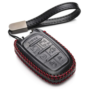 Vitodeco Genuine Leather Smart Key Fob Case Cover Protector with Leather Key Clap Compatible for Chrysler Pacifica 2017-2023 (7-Button, Black/Red)