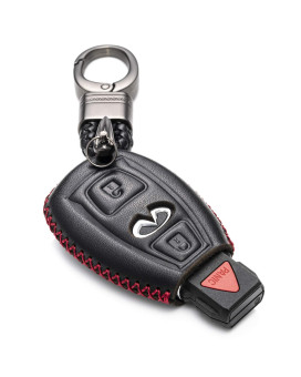 Vitodeco Genuine Leather Smart Key Fob Case Cover Protector with Leather Key Chain for 2017 - 2018 Infiniti QX30 (3-Button, Black/Red)