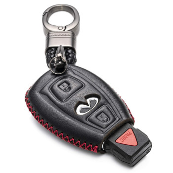 Vitodeco Genuine Leather Smart Key Fob Case Cover Protector with Leather Key Chain for 2017 - 2018 Infiniti QX30 (3-Button, Black/Red)