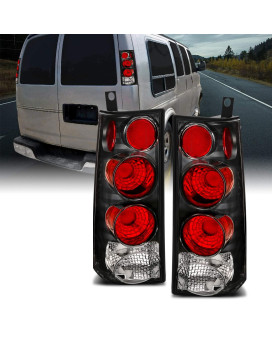 AmeriLite Halogen Taillights Assembly With Brake Lamps Replacement Set For 2003-2019 Chevy Express/GMC Savana Van Euro - Passenger and Driver Side, Vehicle Light Assembly, Black