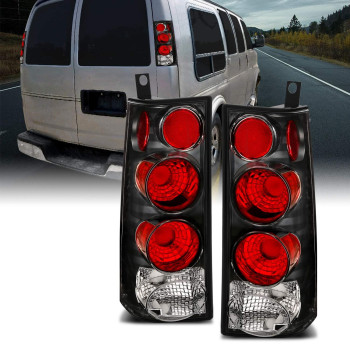 AmeriLite Halogen Taillights Assembly With Brake Lamps Replacement Set For 2003-2019 Chevy Express/GMC Savana Van Euro - Passenger and Driver Side, Vehicle Light Assembly, Black