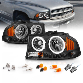 AmeriLite Black Replacement Headlight Turn Signal LED Halo 1pc For Dodge Dakota/Durango - Passenger and Driver Side