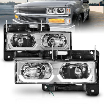 AmeriLite Chrome Crystal Replacement Headlights LED Halo Pair For Chevy Fullsize - Passenger and Driver Side