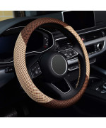 KAFEEK Steering Wheel Cover, Universal 15 inch, Microfiber Breathable Ice Silk, Anti-Slip, Odorless, Beige& Brown