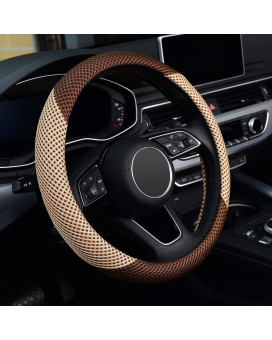 KAFEEK Steering Wheel Cover, Universal 15 inch, Microfiber Breathable Ice Silk, Anti-Slip, Odorless, Beige& Brown