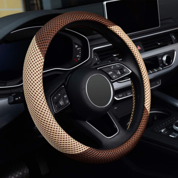 KAFEEK Steering Wheel Cover, Universal 15 inch, Microfiber Breathable Ice Silk, Anti-Slip, Odorless, Beige& Brown