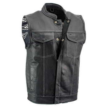 Xelement XS3450 Men's Black 'Paisley' Leather Motorcycle Biker Rider Vest with White Stitching - X-Large