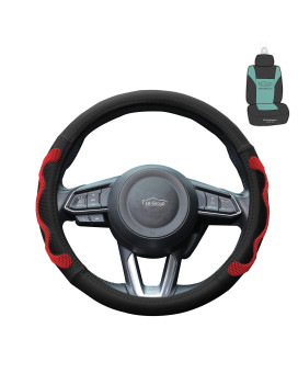 FH Group Universal Leather and Silicone Anti-Slip Grip Car Steering Wheel Cover with Gift - Universal Fit for Cars Trucks & SUVs (Red) FH2010