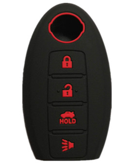 RUNZUIE Silicone Keyless Entry Remote Key Fob Cover Protector Compatible Fit for Nissan Teana Murano Maxima Pathfinder Rogue Versa 370Z Sentra Altima Black with Red 4 Buttons