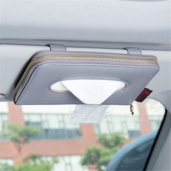 Cartisen Car Sun Visor Tissue Holder, Napkin Holder, PU Leather Backseat Tissue Case Holder for Car Vehicle with Zipper (Grey)