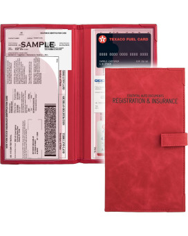 Auto Insurance and Registration Card Holder - Vehicle Glove Box Document Organizer - Car Essential Paperwork Holder for DMV, AAA, Contact Information Cards - Premium PU Leather Wallet Case - Red