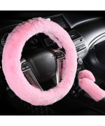 Cxtiy Fluffy Steering Wheel Cover 3 Pcs 1 Set with Handbrake Cover & Gear Shift Cover Soft and Warm for Car Steering Wheel Protector 15 inch (Light Pink)