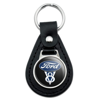 GRAPHICS & MORE Black Leather Ford Vintage V8 Logo Keychain