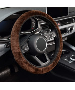 KAFEEK Elastic Long Microfiber Plush Steering Wheel Cover for Winter Warm, Universal 15 inch, Anti-Slip, Odorless, Brown