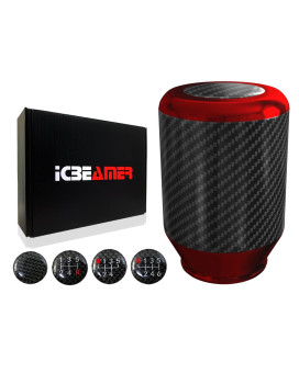 ICBEAMER Red Aluminum w/ 100% Real Carbon Fiber 2.5 Shift Knob for Buttonless Automatic and 4, 5 and 6 Speed Manual Transmission Vehicles, Carbon Fiber Grip, Black Top and Bottom