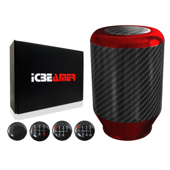 ICBEAMER Red Aluminum w/ 100% Real Carbon Fiber 2.5 Shift Knob for Buttonless Automatic and 4, 5 and 6 Speed Manual Transmission Vehicles, Carbon Fiber Grip, Black Top and Bottom