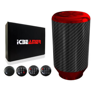 ICBEAMER Red Aluminum w/Carbon Fiber 3.25 Shift Knob, Tall Fit Automatic and 4, 5 and 6 Speed Manual Transmission Vehicles, Interior Car Gear Lever Stick Shift Handle Automotive Replacement Parts