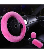 SHIAWASENA Warm Faux Wool Steering Wheel Cover with Handbrake Cover & Gear Shift Cover 3 Pcs Set (Pink)