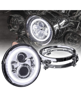 TRUE MODS 7 LED Headlight for Harley Davidson + Mounting Bracket [Chrome-Finish] [HALO DRL] [4500 Lumen] [H4 Converter Plug n Play] Touring Dyna Electra Glide Road King Softail Fatboy Road Street