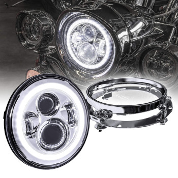 TRUE MODS 7 LED Headlight for Harley Davidson + Mounting Bracket [Chrome-Finish] [HALO DRL] [4500 Lumen] [H4 Converter Plug n Play] Touring Dyna Electra Glide Road King Softail Fatboy Road Street