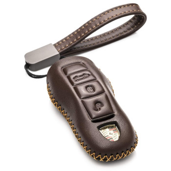 Vitodeco Genuine Leather Smart Key Fob Case with Leather Key Strap Compatible for Porsche 718, Porsche 911, Porsche Panamera, Porsche Cayenne (3-Button, Brown)