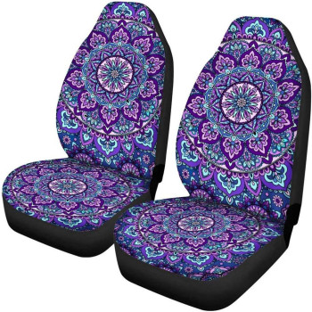 INSTANTARTS 2 PCS Mandala Car Seat Covers Boho Lotus Print Front Auto Seat Cover,Car Bucket Seats Protector Covers Universal fit for SUV Sedan Van (Purple)