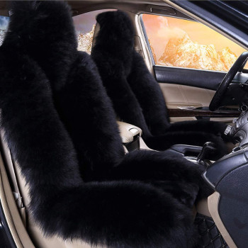 Gracefur Sheepskin Car Seat Cover Genuine Wool Seat Cover Fluffy Fur Front Seat Covers Fits Cars, Trucks, SUV, or Van (Black 1P)