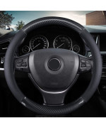 KAFEEK classic carbon Fiber Steering Wheel cover, Universal 15 inch, Breathable Microfiber Leather, Black
